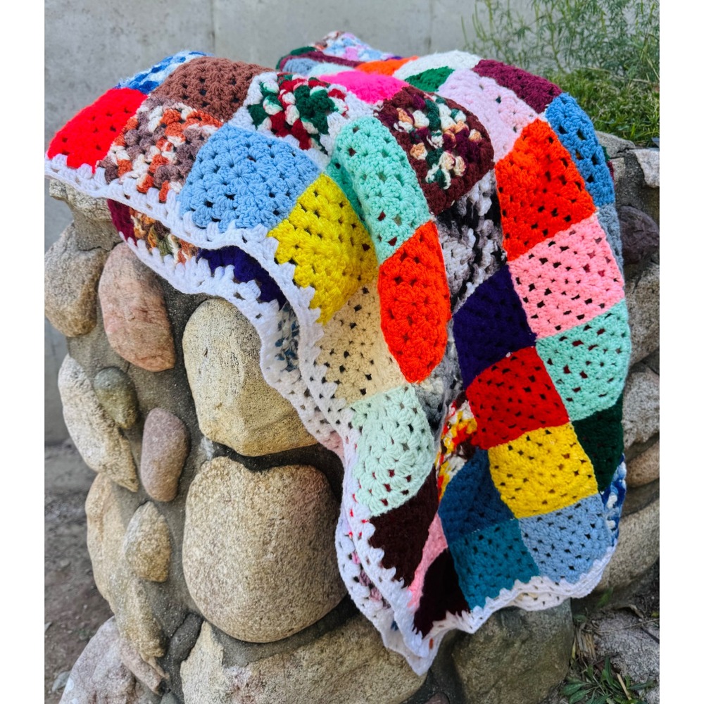 Vintage Handmade Crochet Granny Square Afghan Blanket Multi Color Throw 55x52